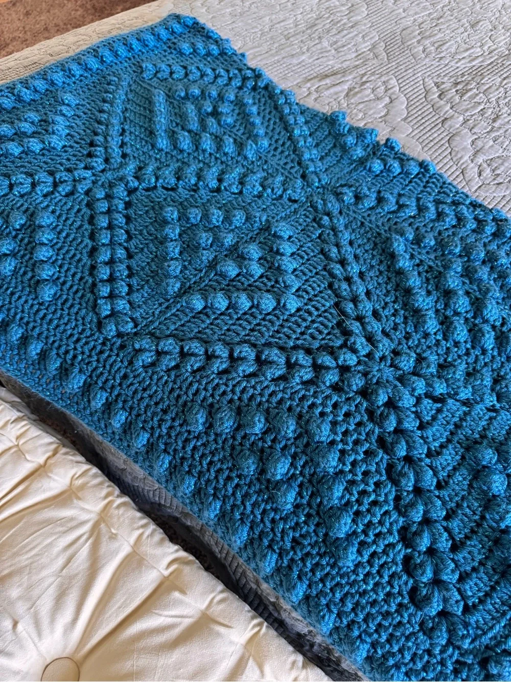 Handmade Blue Sparkle Crochet Afghan Blanket Textured Square Motif Boho Throw